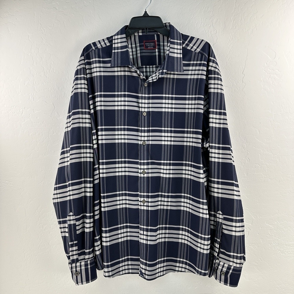 Untuckit Plaid Button Up Shirt Mens 3XL Wrinkle Free Navy White Office Church